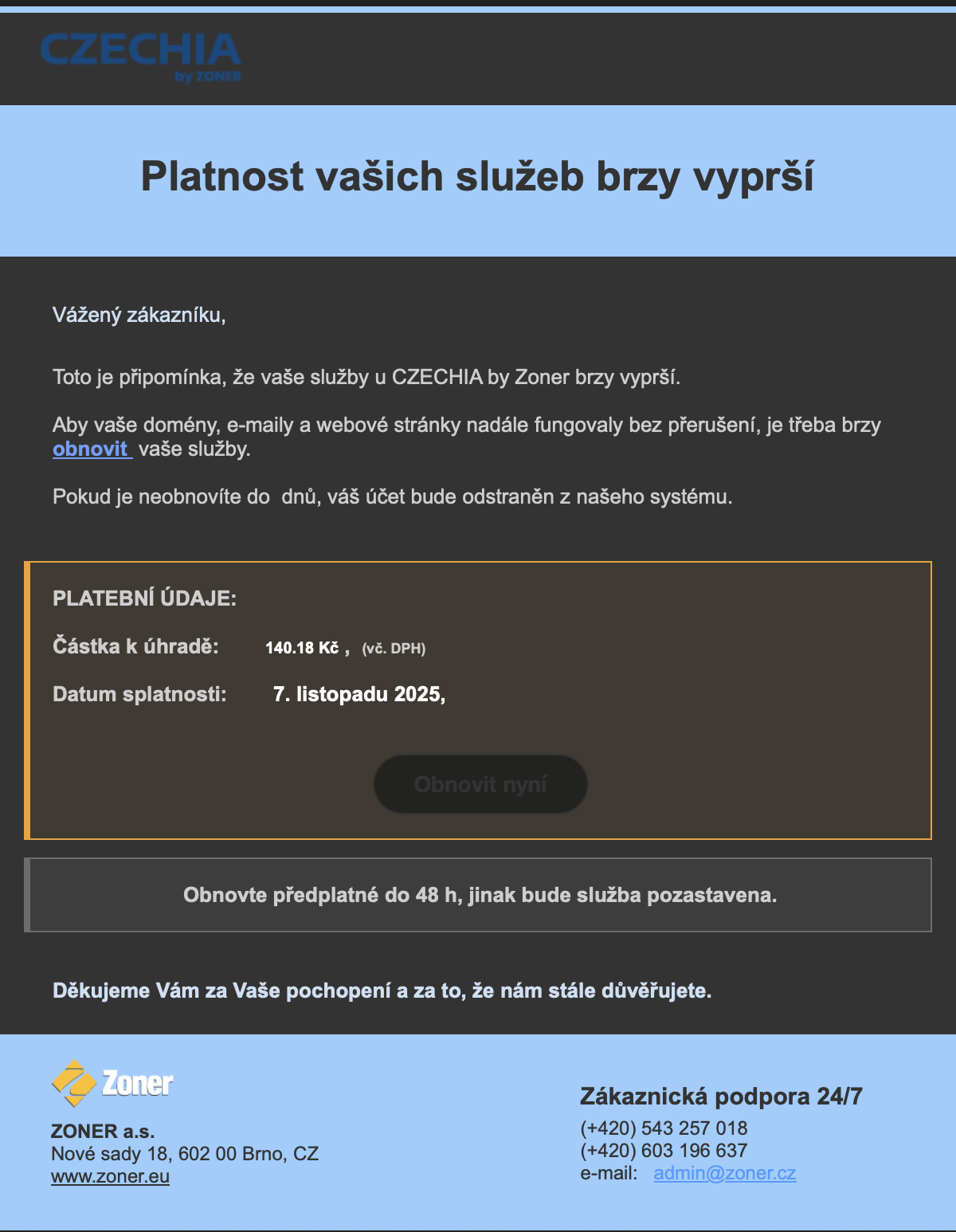 Podvodná správa poslaná menom CZECHIA.COM